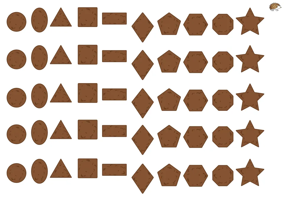 Brown topping cutouts for pizza shape matching: 50 pieces, with five copies of each of the 10 shapes