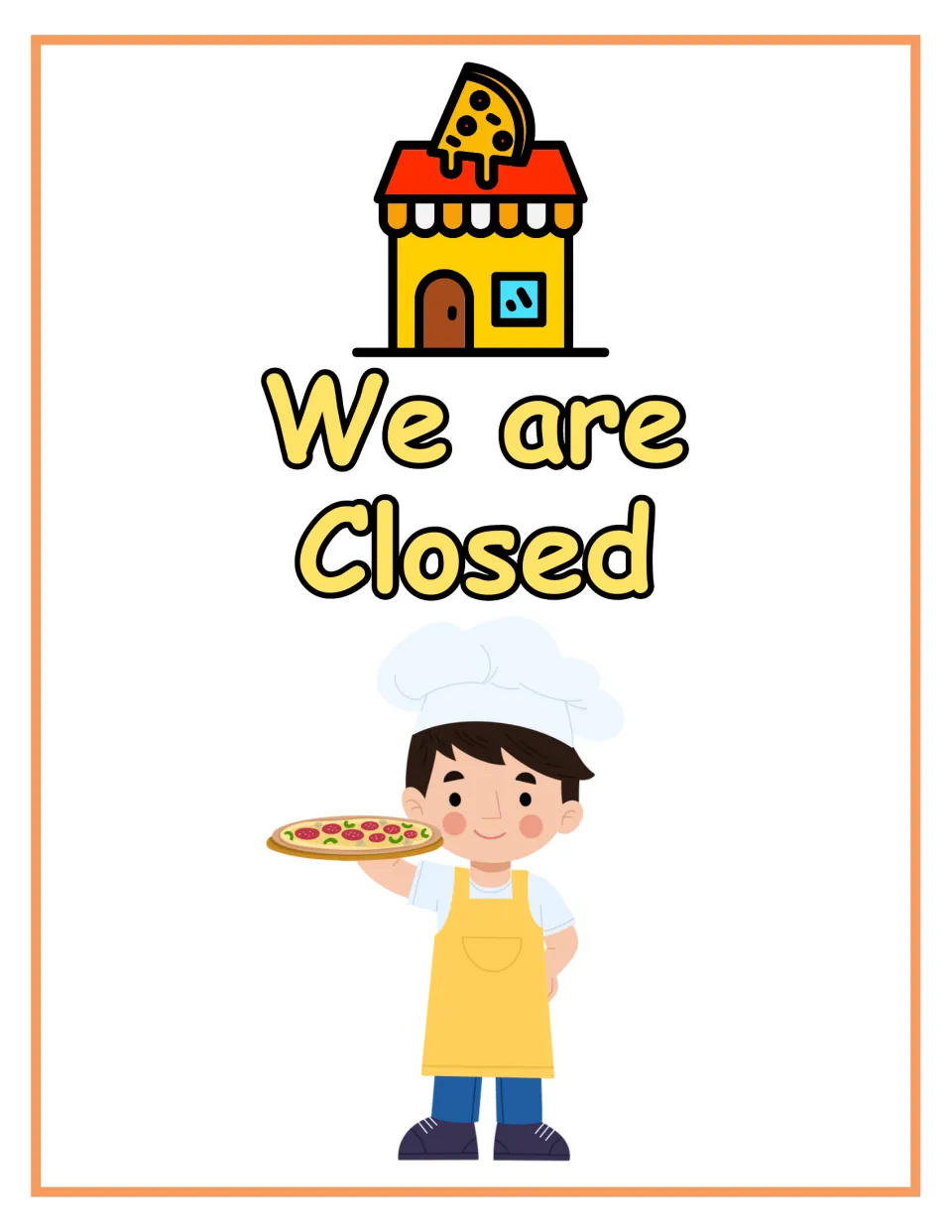 We are Closed sign showing a pizza shop building and a chef holding a pizza, for students to flip when the shop closes