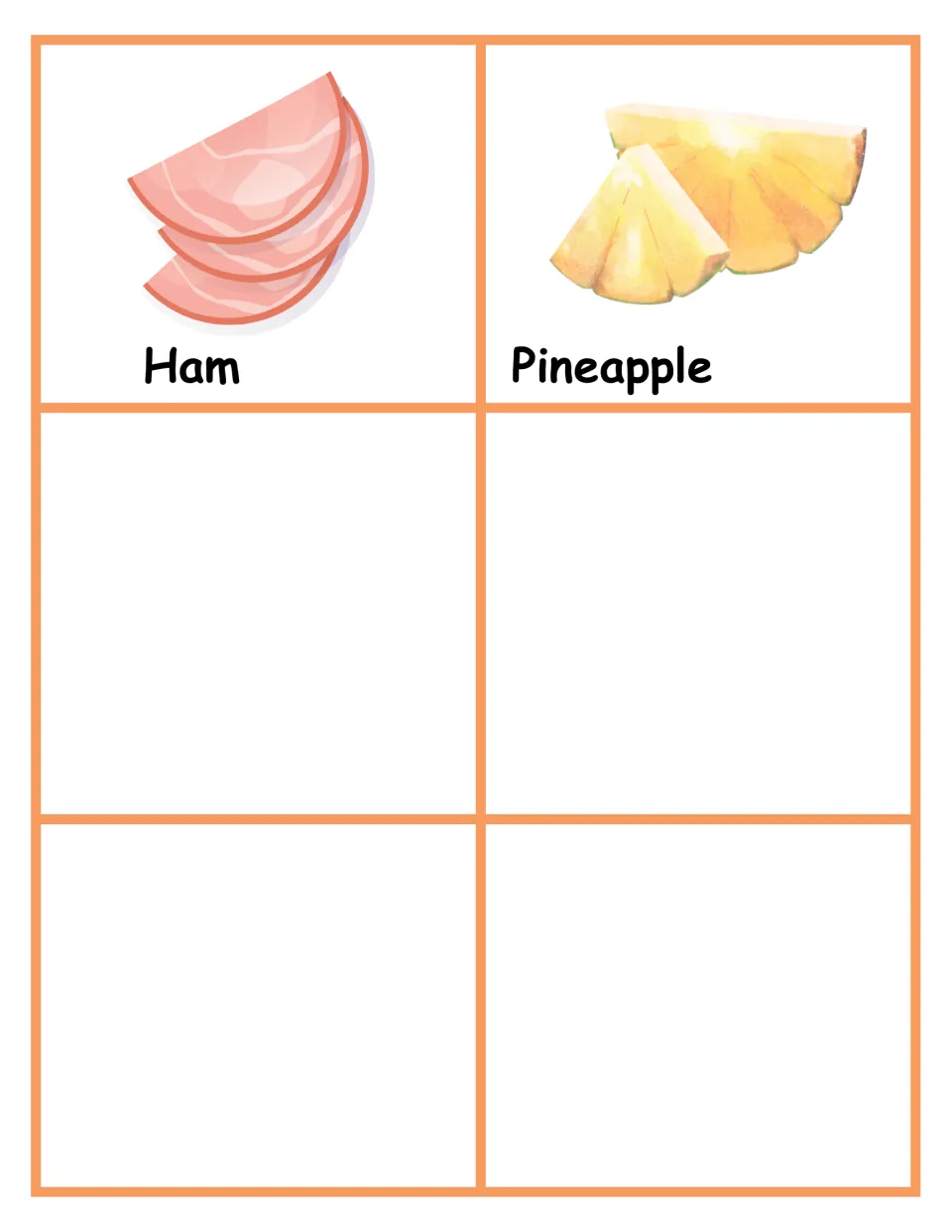 More pizza topping cards: Ham and Pineapple with pictures, plus four blank cards left empty for extra toppings