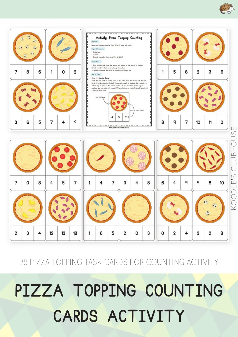 Pizza Topping Counting Cards Activity cover showing sample pizza cards and the counting instruction sheet