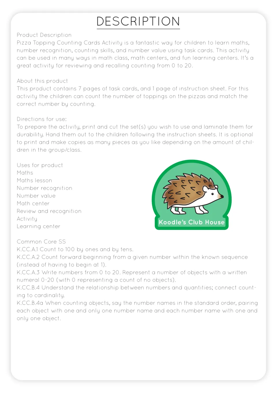Resource description outlining seven task card sheets, one instruction sheet, preparation, and math uses