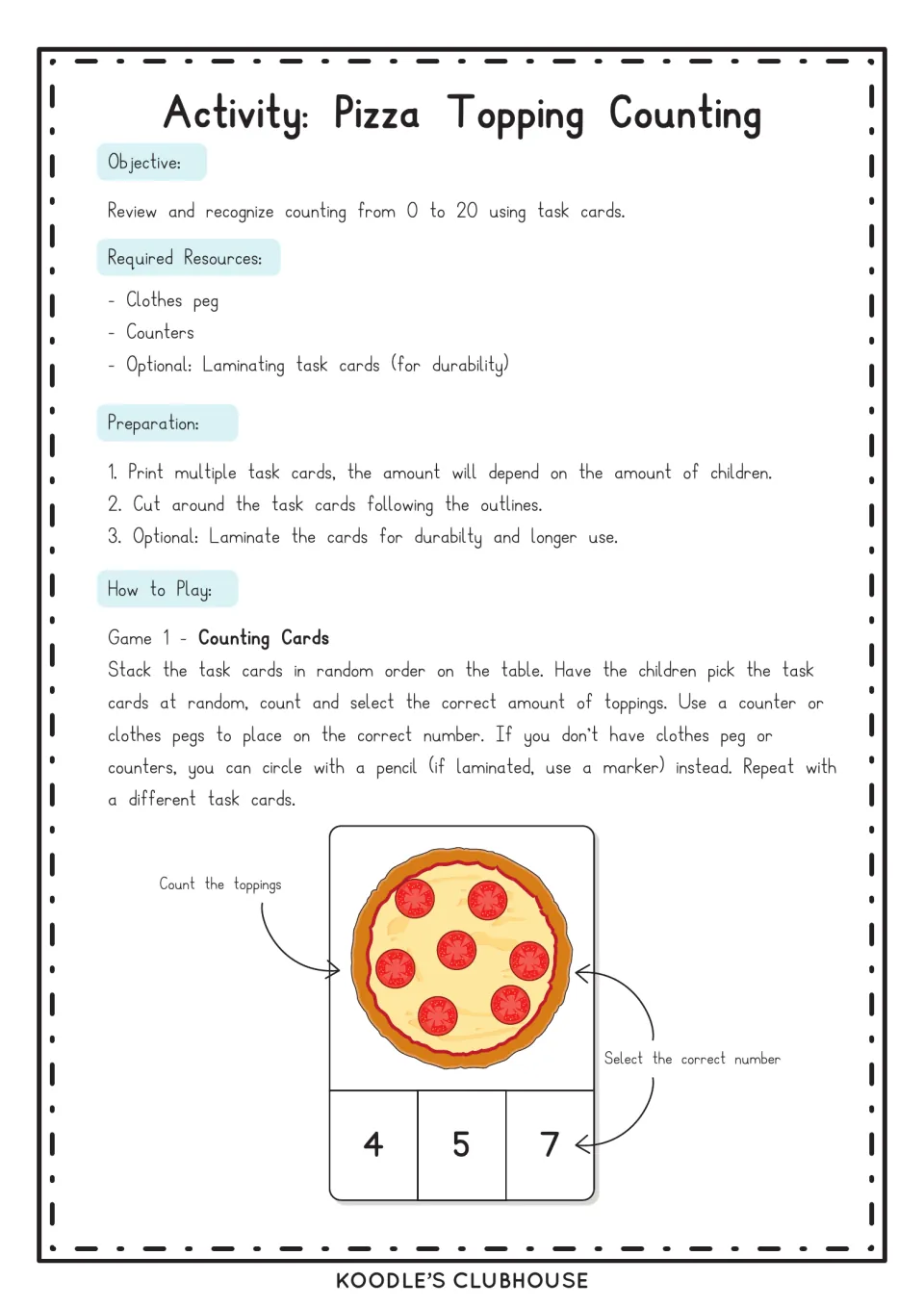 Counting activity instructions: count pizza toppings and mark the matching numeral with a counter or clothespin