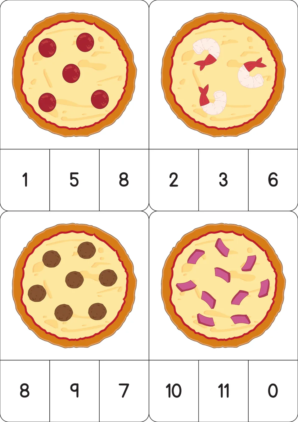 Pizza counting cards 1–4 show pepperoni, shrimp, meatballs, and onion toppings with three numeral choices each