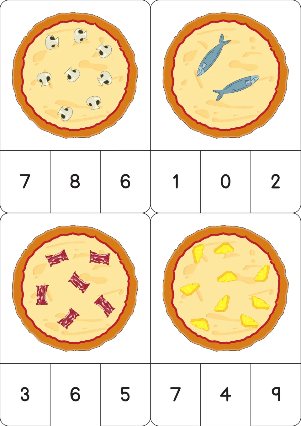 Pizza counting cards 5–8 show mushrooms, fish, bacon, and pineapple toppings with three numeral choices each
