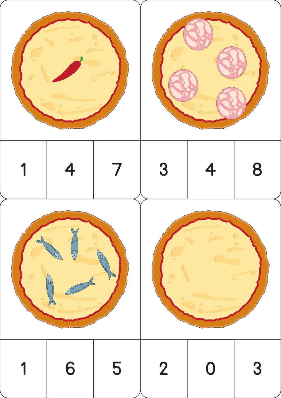 Pizza counting cards 9–12 show one pepper, four salami slices, five fish, and no toppings for numeral matching