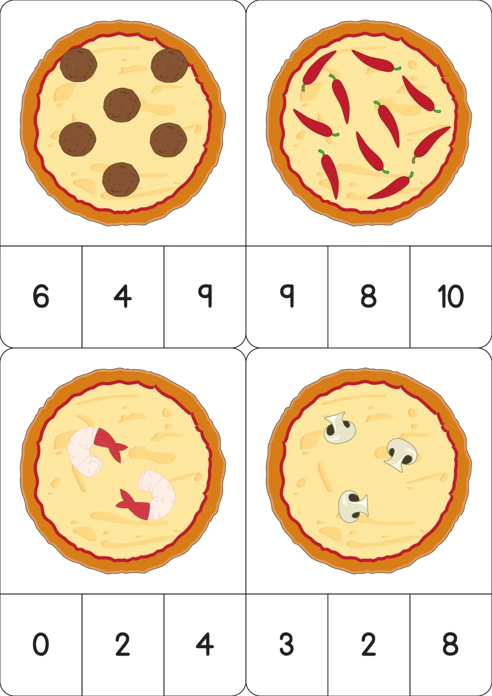 Pizza counting cards 13–16 show meatballs, peppers, shrimp, and mushrooms with three numeral choices each