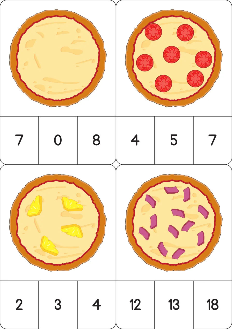 Pizza counting cards 17–20 show no toppings, seven tomato slices, four pineapple pieces, and onion pieces