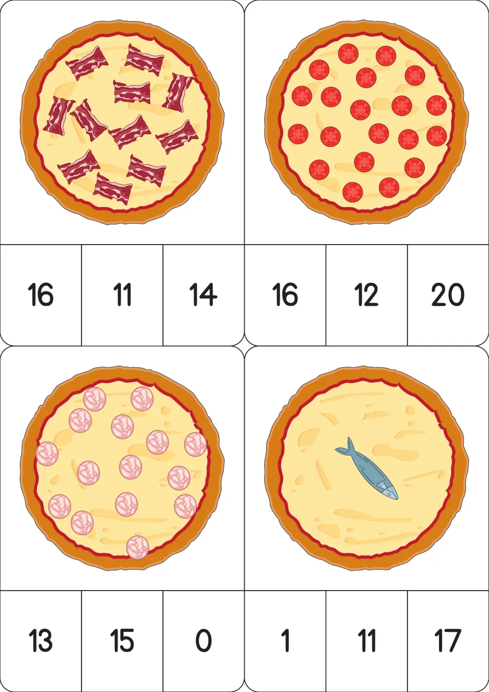 Pizza counting cards 21–24 show bacon, tomato slices, salami, and one fish with three numeral choices each