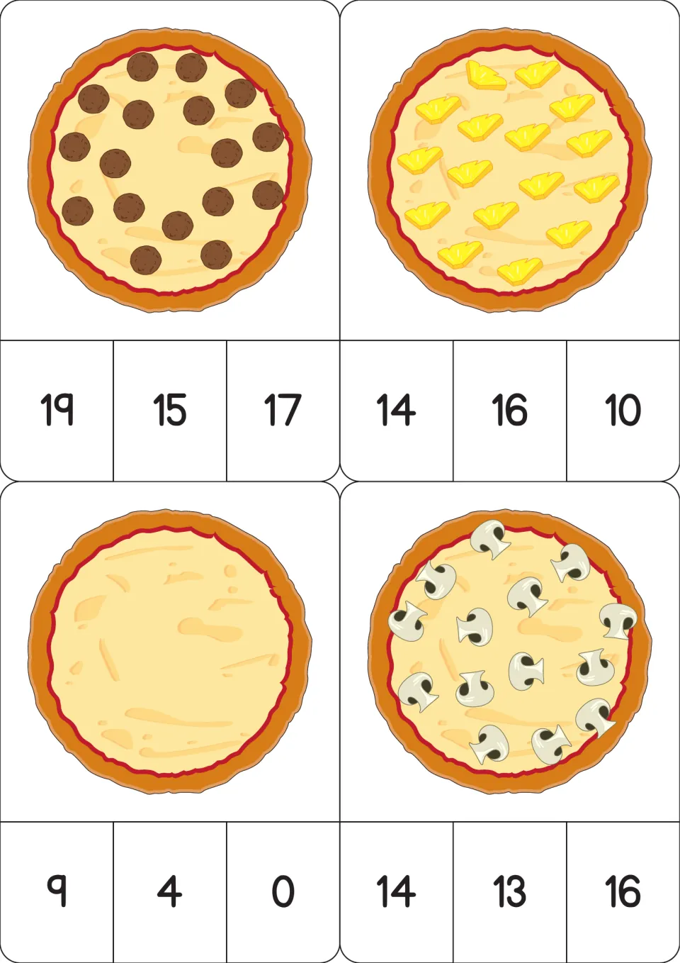 Pizza counting cards 25–28 show meatballs, pineapple, no toppings, and mushrooms for matching quantities