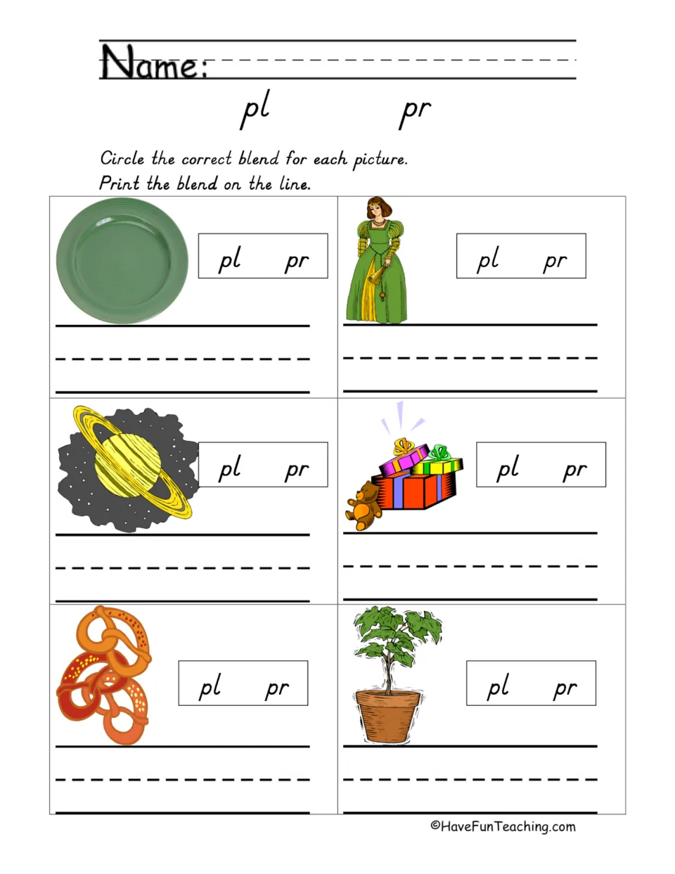 PL and PR blends: students circle pl or pr for six pictures, such as plate, princess and pretzel, then print the blend