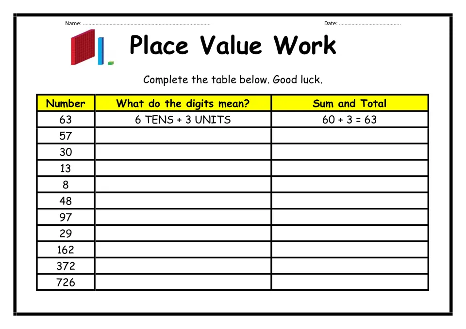 Place Value Work: students partition numbers from 8 to 726 into tens and units, then write each one as a sum
