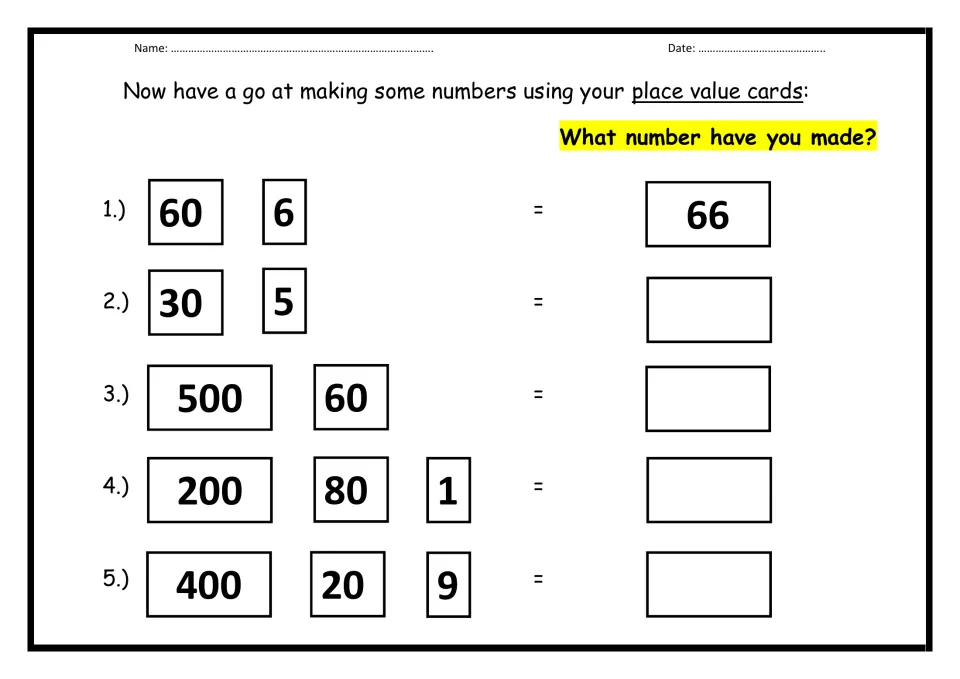Making numbers with place value cards: students combine cards such as 200, 80 and 1 and write the number made
