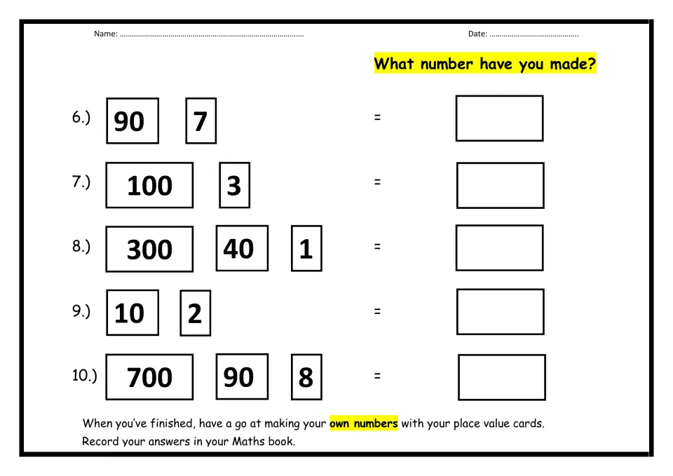 Place value cards, items 6 to 10: students join parts like 700, 90 and 8 into one number, then make their own