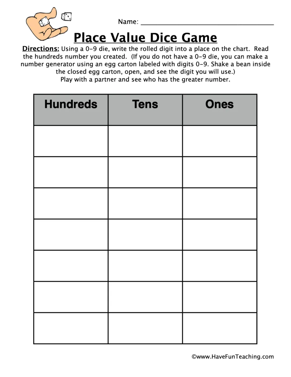 Building 3-digit numbers: partners roll a 0-9 die, place each digit in hundreds, tens or ones, then see who is greater