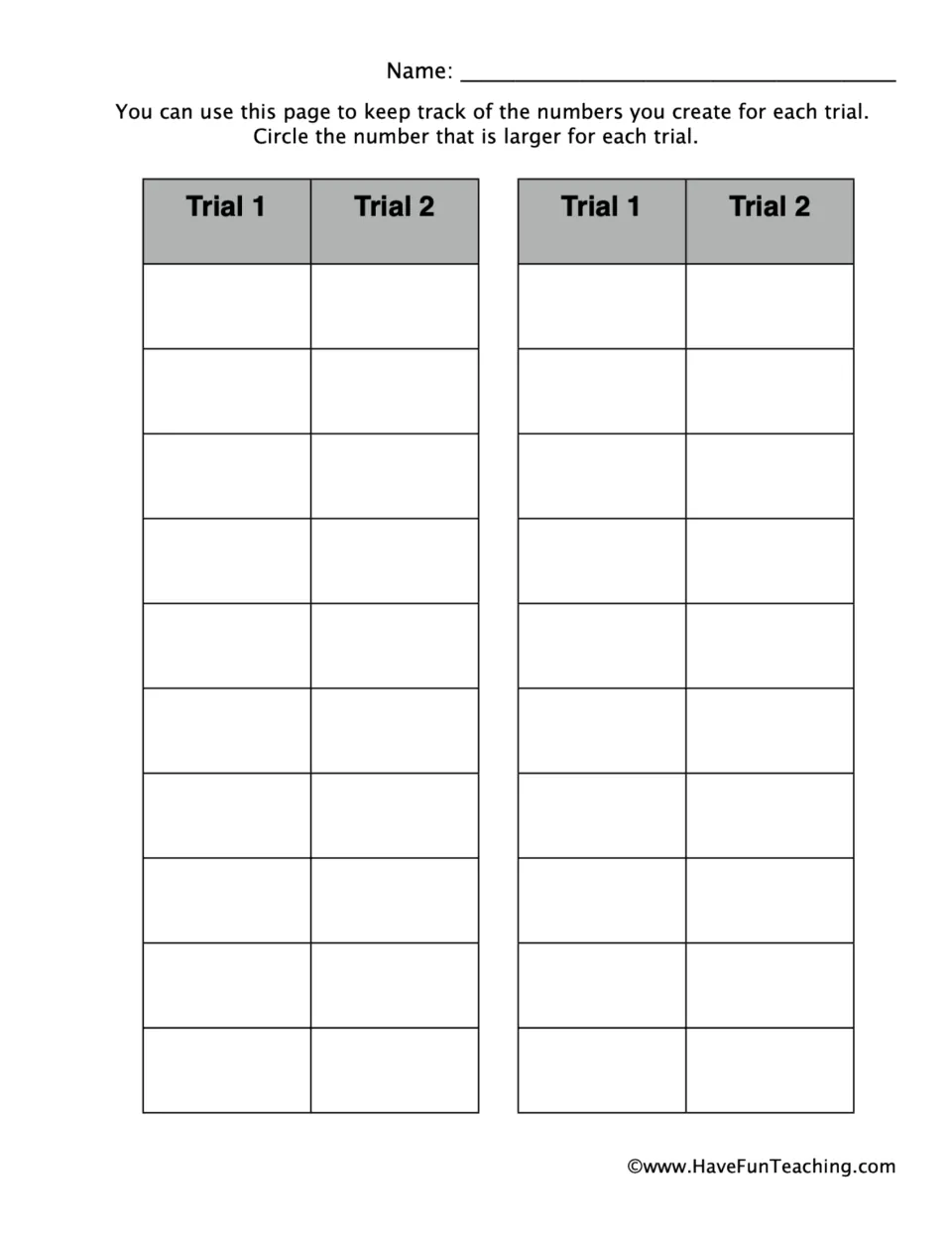 Comparing 3-digit numbers: students record the numbers they build in Trial 1 and Trial 2 and circle the larger each time