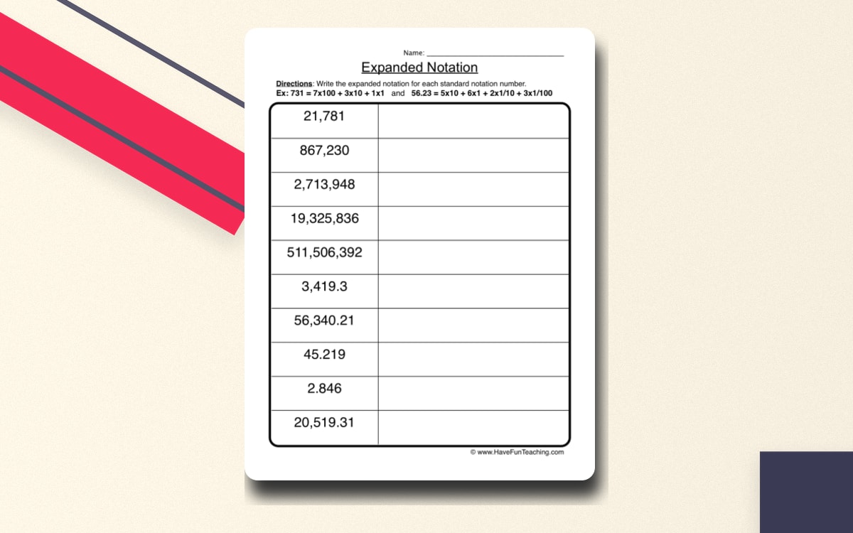 Place Value Expanded Notation Worksheet preview: Standard-form whole numbers for expansion