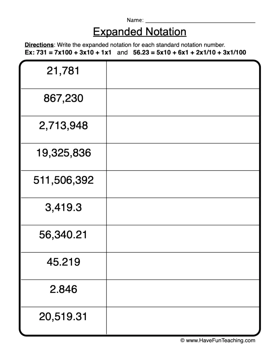 Expanded notation: students rewrite 10 whole and decimal numbers, such as 2,713,948 and 45.219, as place-value sums