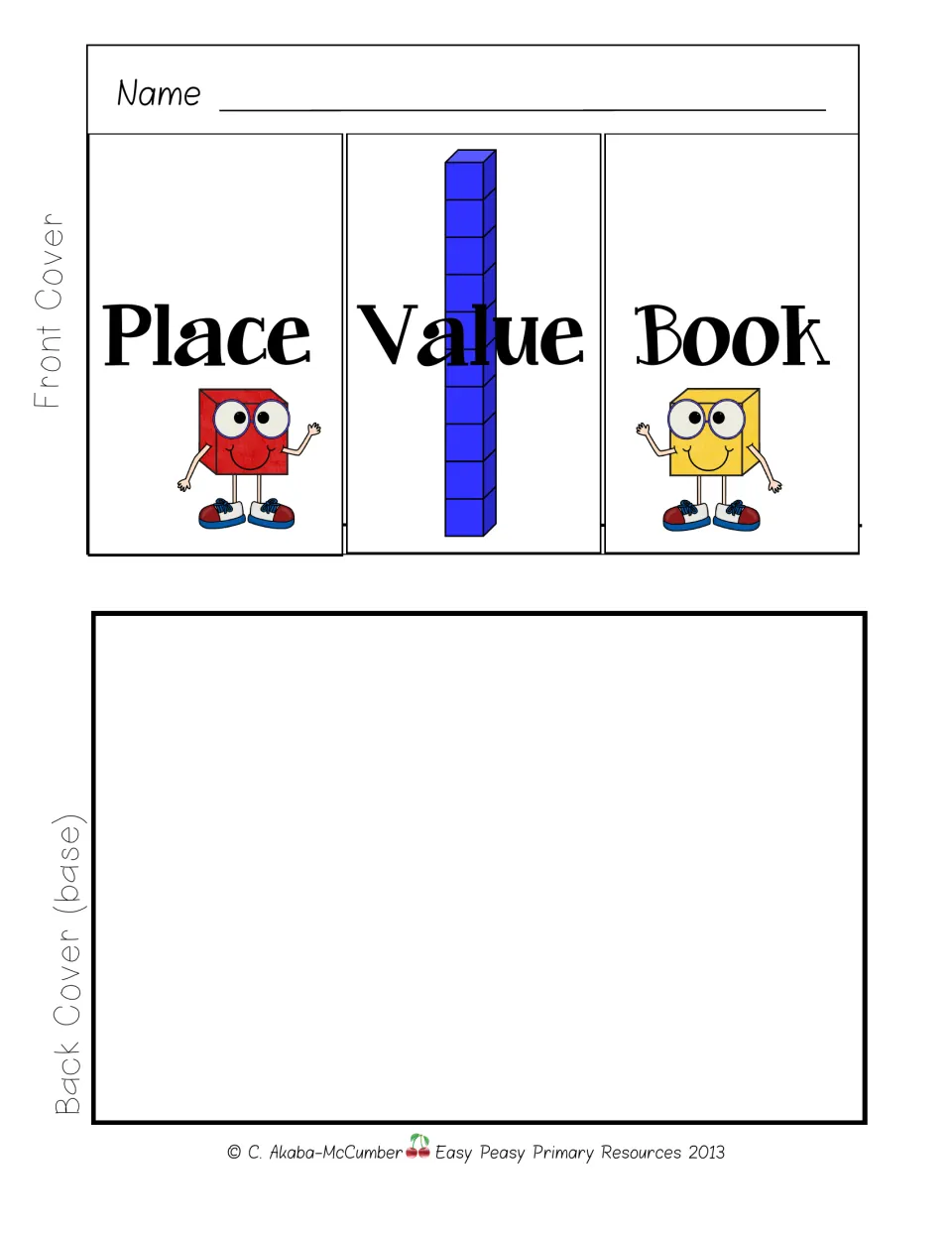 Booklet covers: front cover titled Place Value Book with a Name line for students, plus a blank back cover used as the base