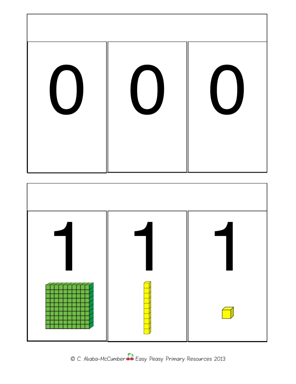 Digit strips for 0 and 1: hundreds, tens and ones flaps, with the 1s showing a hundred flat, a ten rod and a unit cube