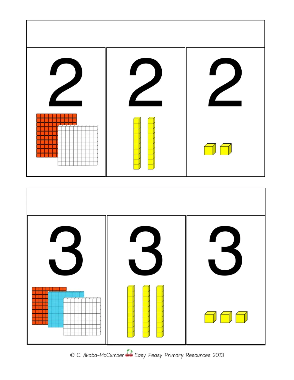 Digits 2 and 3 in hundreds, tens and ones: base-ten flats, rods and unit cubes show each digit's value in its place