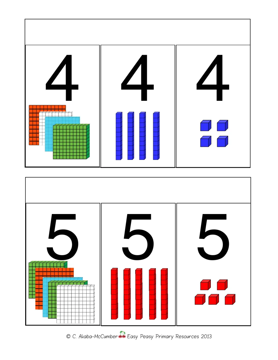 Flip pages for 4 and 5: stacks of hundred flats, ten rods and unit cubes match each digit in the hundreds, tens and ones