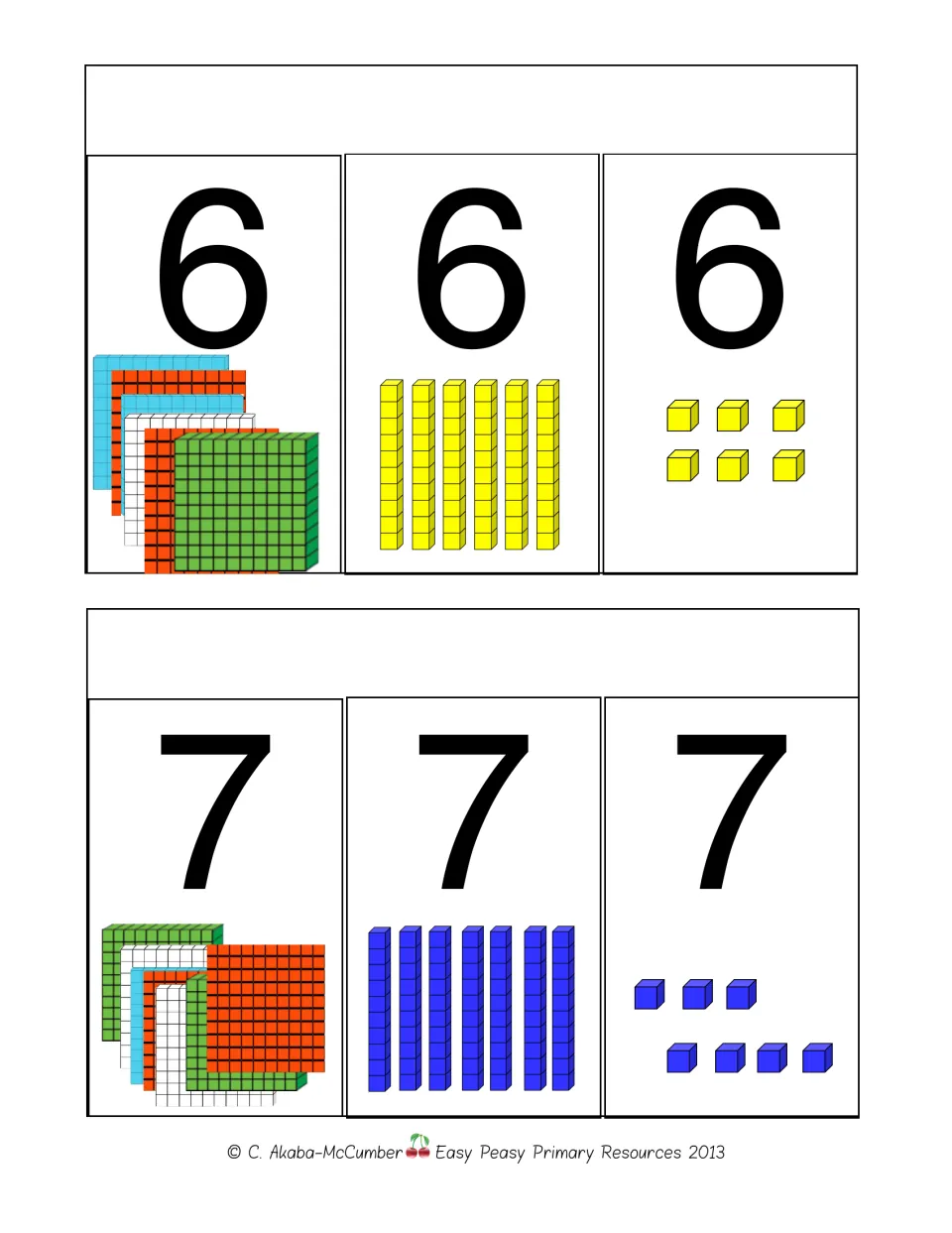 Numbers 6 and 7 by place: six and seven hundred flats, ten rods and unit cubes picture each digit's value