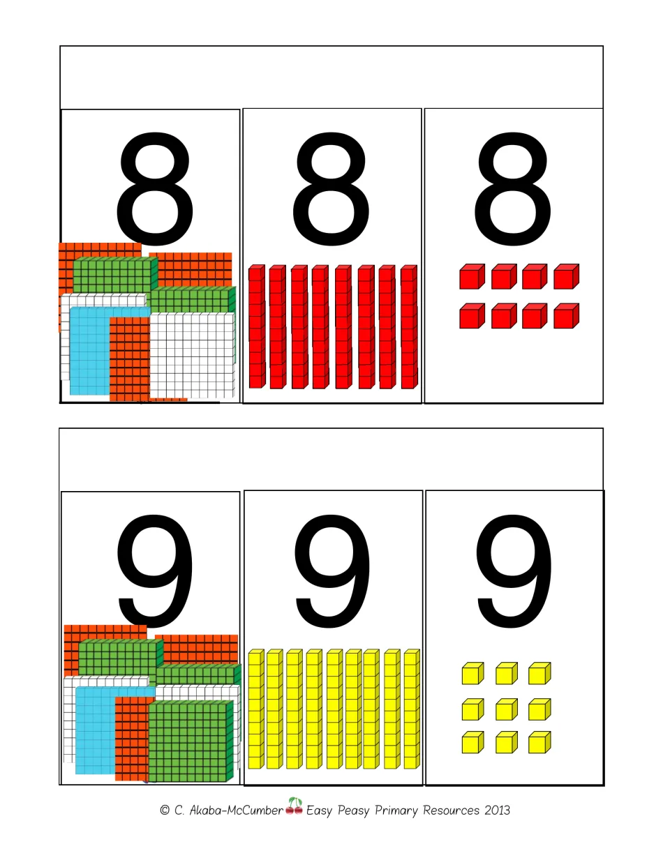 Final flip pages for 8 and 9: hundred flats, ten rods and unit cubes, eight and nine of each, completing the digit set