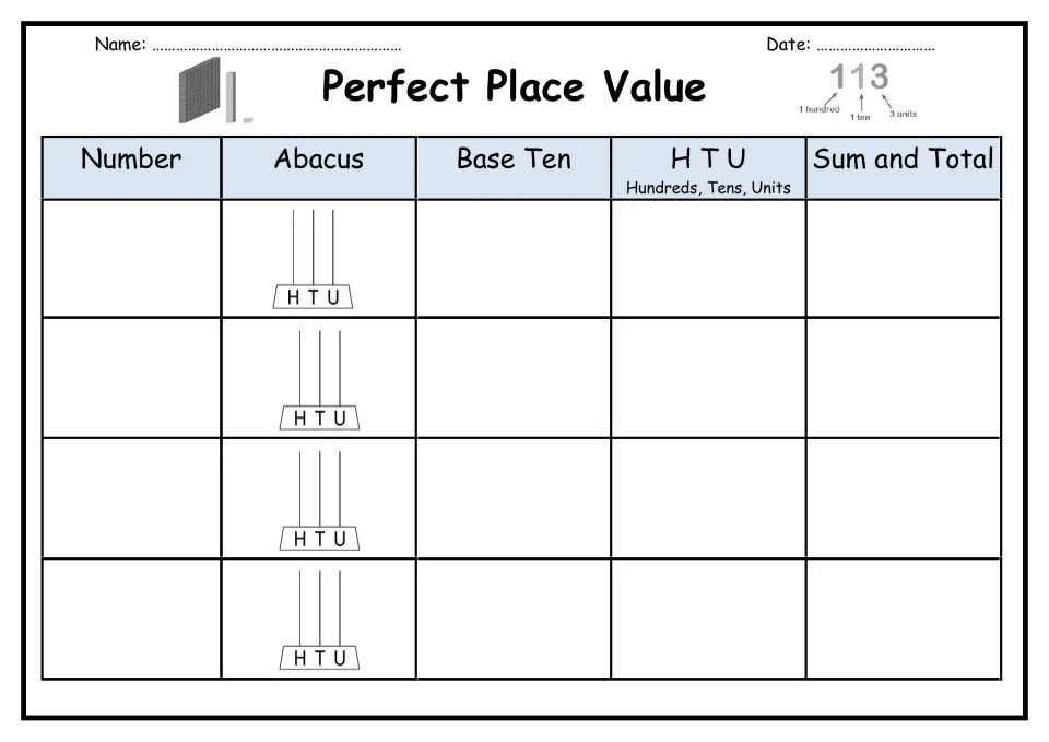 Perfect Place Value, no example row: students represent four numbers with abacus beads, base ten blocks, HTU and a sum