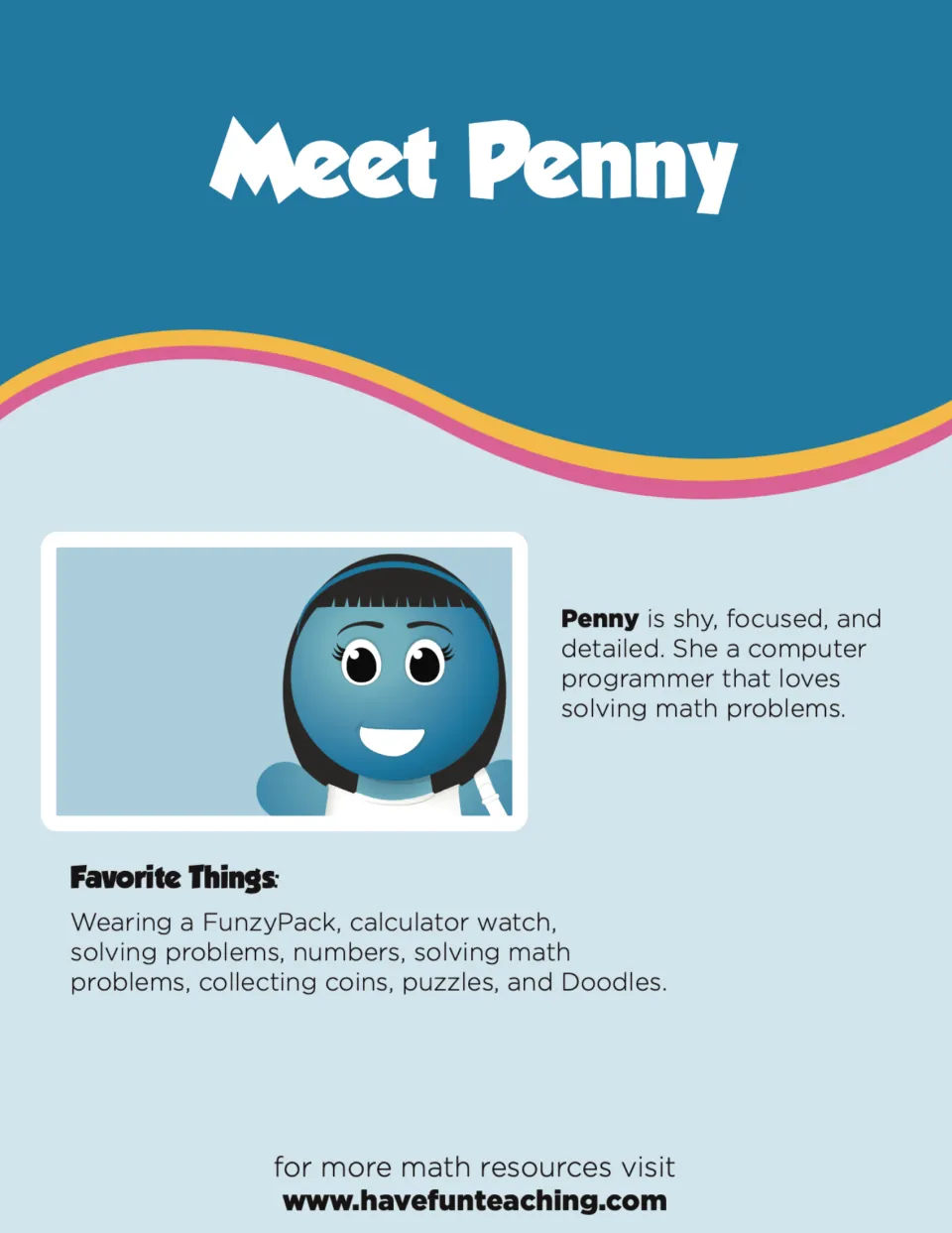 Meet Penny: profile of a shy, focused computer programmer character who loves math problems, puzzles and collecting coins