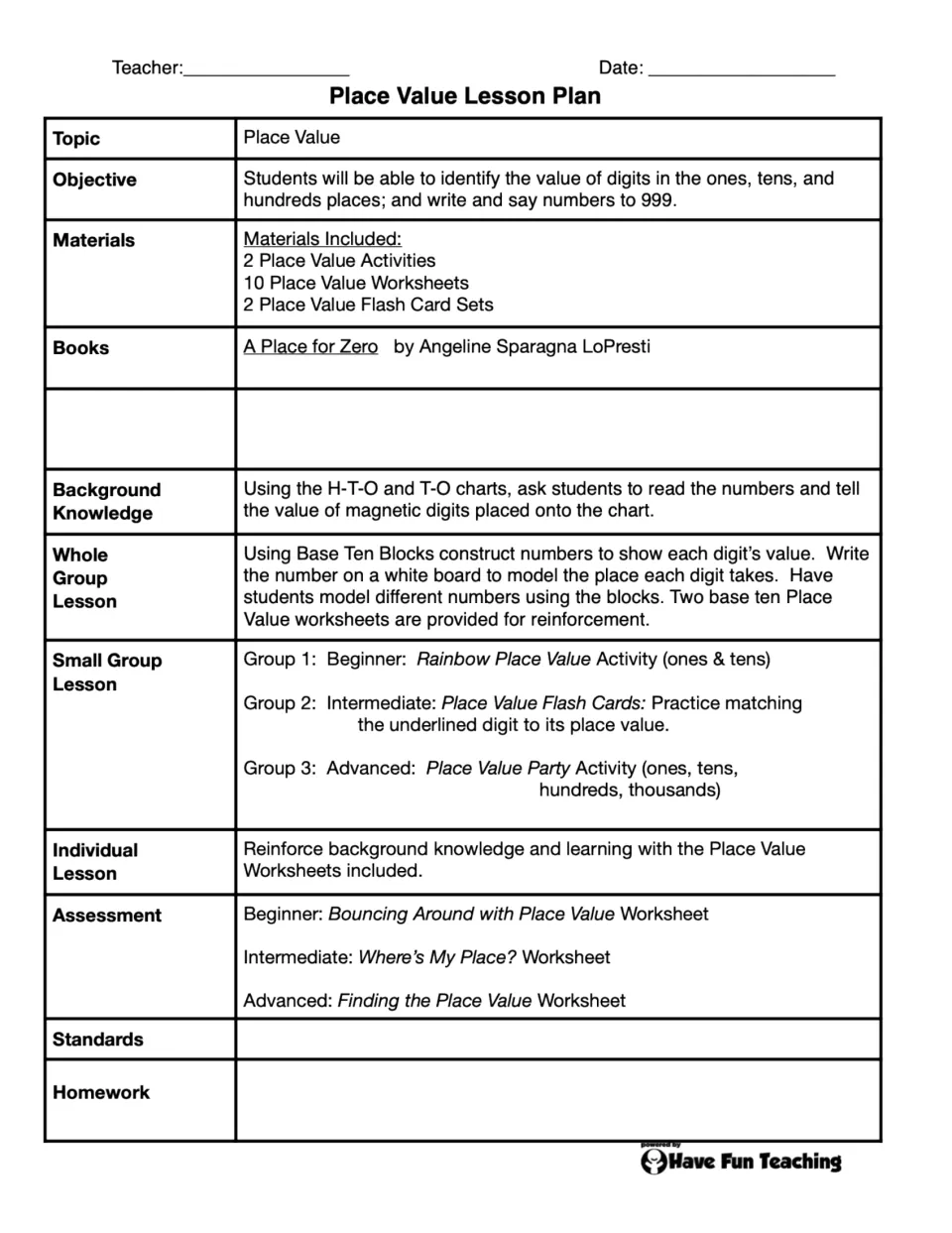 Place Value Lesson Plan: objective, materials, whole group, small group and assessment plans for ones, tens and hundreds