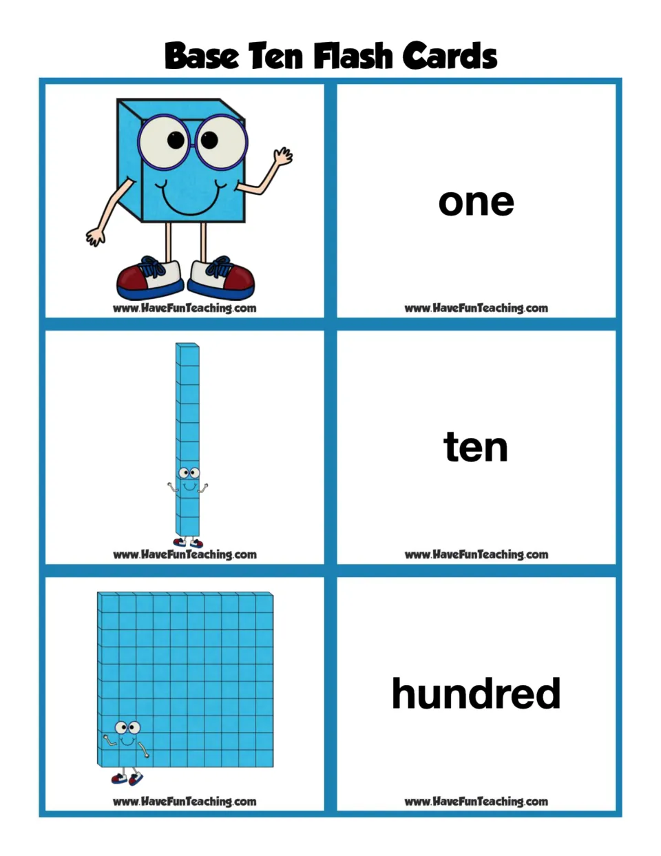 Base ten flash cards: cartoon unit cube, ten rod and hundred flat, each paired with its word card one, ten or hundred