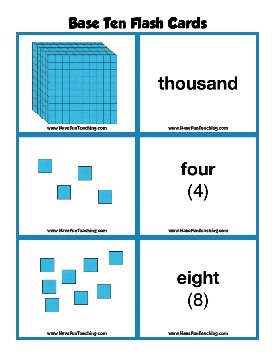 Base ten flash cards: a thousand cube, 4 cubes and 8 cubes matched to word cards thousand, four (4) and eight (8)