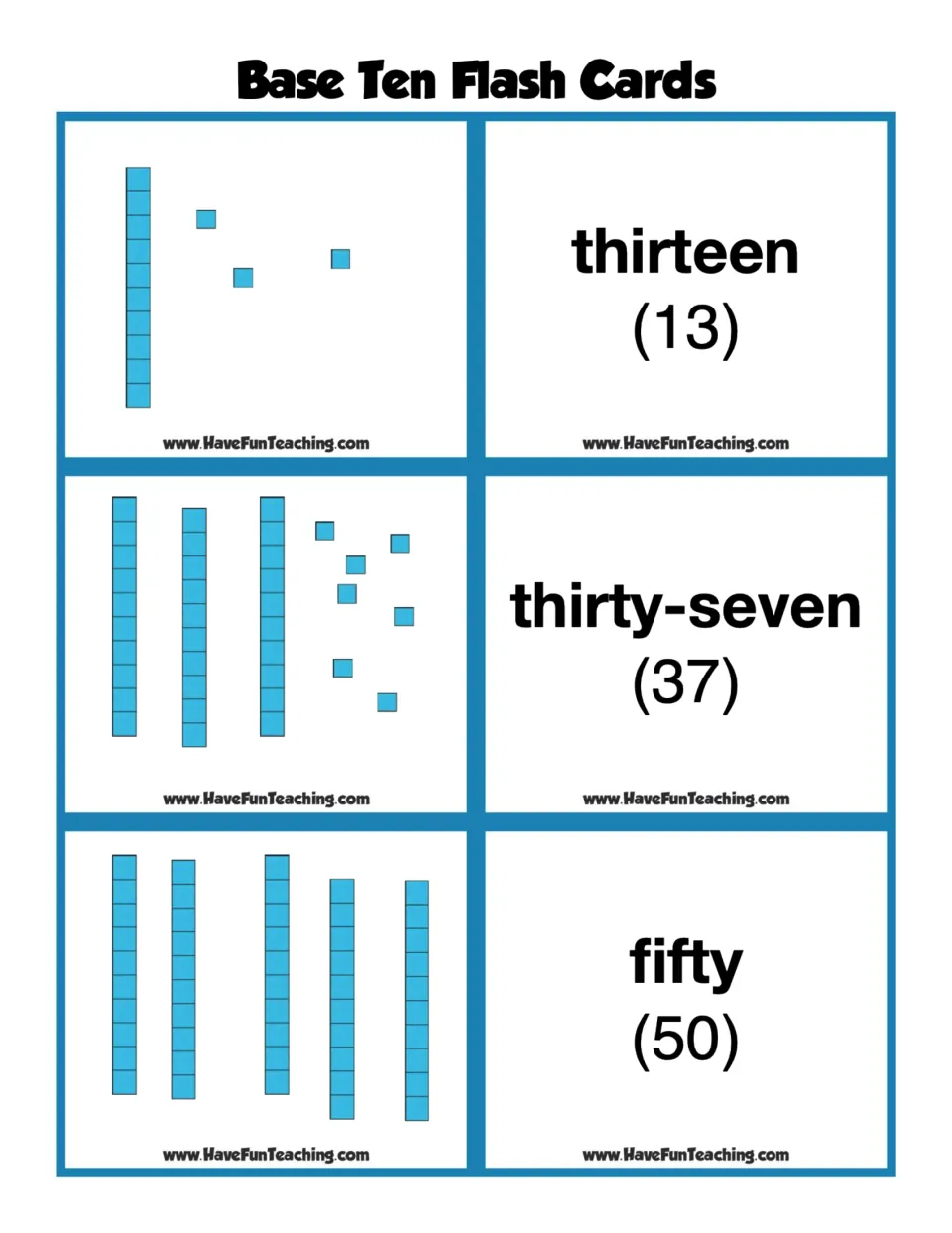 Base ten flash cards: ten rods and unit cubes modeling 13, 37 and 50, each matched to its number word and numeral