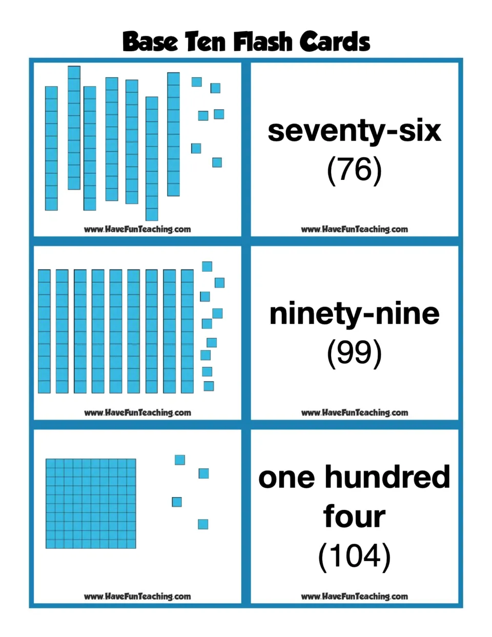 Base ten flash cards: blocks modeling 76, 99 and 104 matched to words seventy-six, ninety-nine and one hundred four