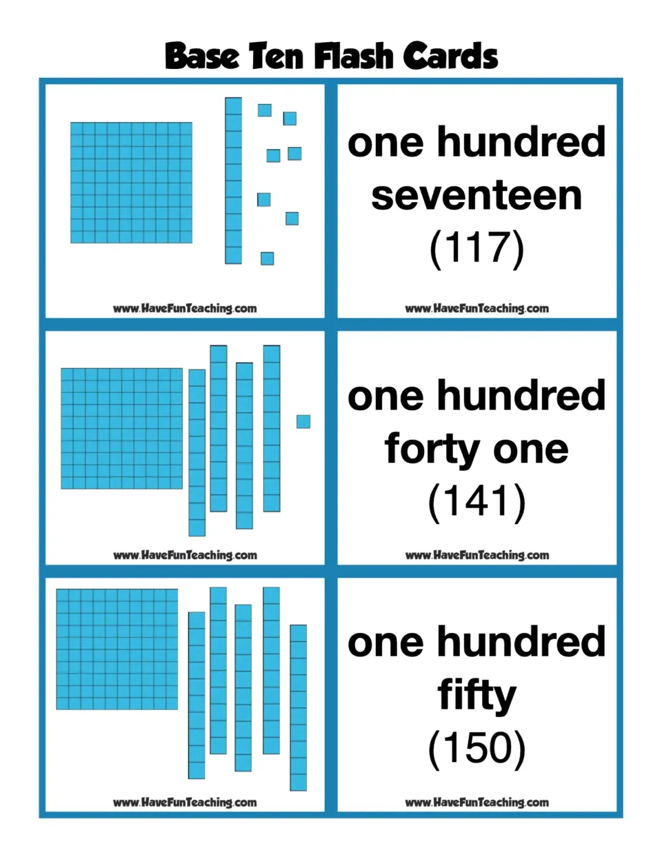 Base ten flash cards: a hundred flat with rods and cubes showing 117, 141 and 150, paired with word cards
