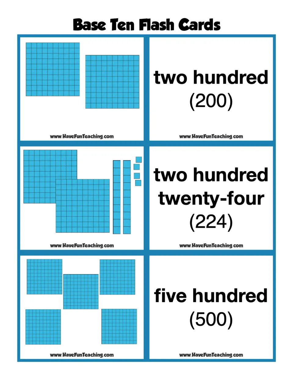 Base ten flash cards: hundred flats, rods and cubes modeling 200, 224 and 500, each with its word and numeral