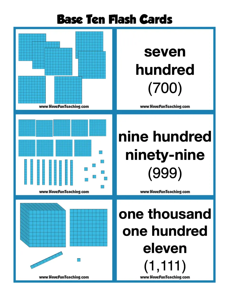 Base ten flash cards: blocks modeling 700, 999 and 1,111 matched to word cards, including a thousand cube for 1,111
