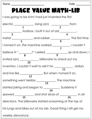 Place Value Math Mad Libs Activity – preview 1