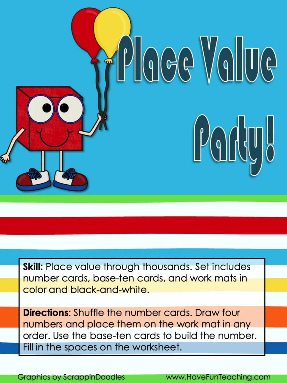 Place Value Party cover and directions: draw four number cards, build the number, and complete the worksheet