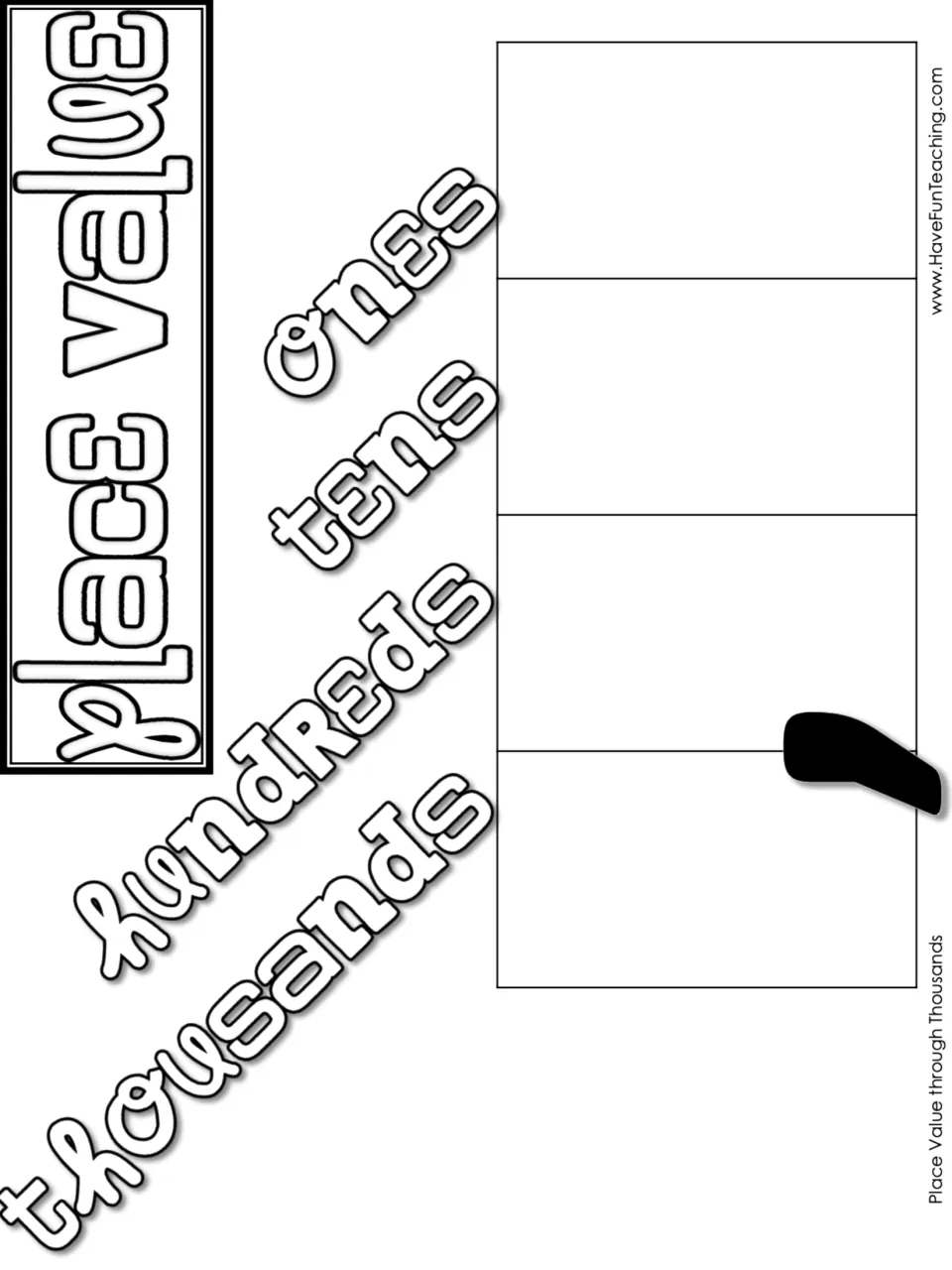 Black-and-white place value work mat labeled thousands, hundreds, tens, and ones, with a printed comma