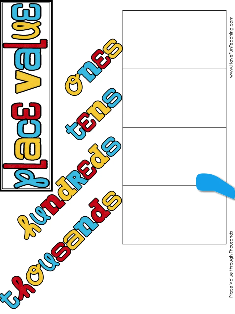Color place value work mat labeled thousands, hundreds, tens, and ones, with a blue comma for the number