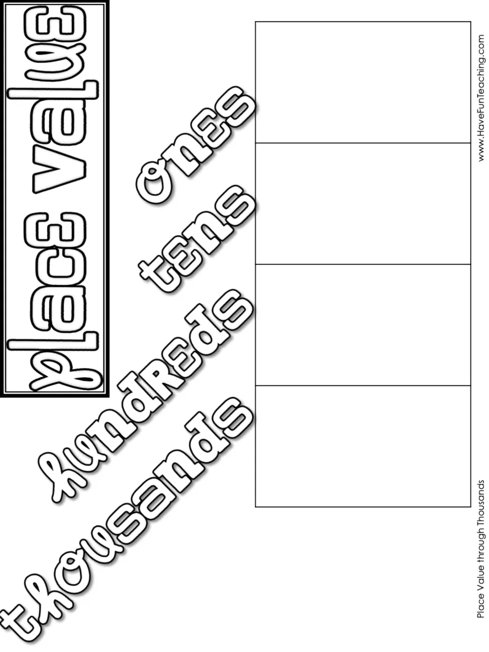 Black-and-white place value work mat labeled thousands, hundreds, tens, and ones, without a printed comma