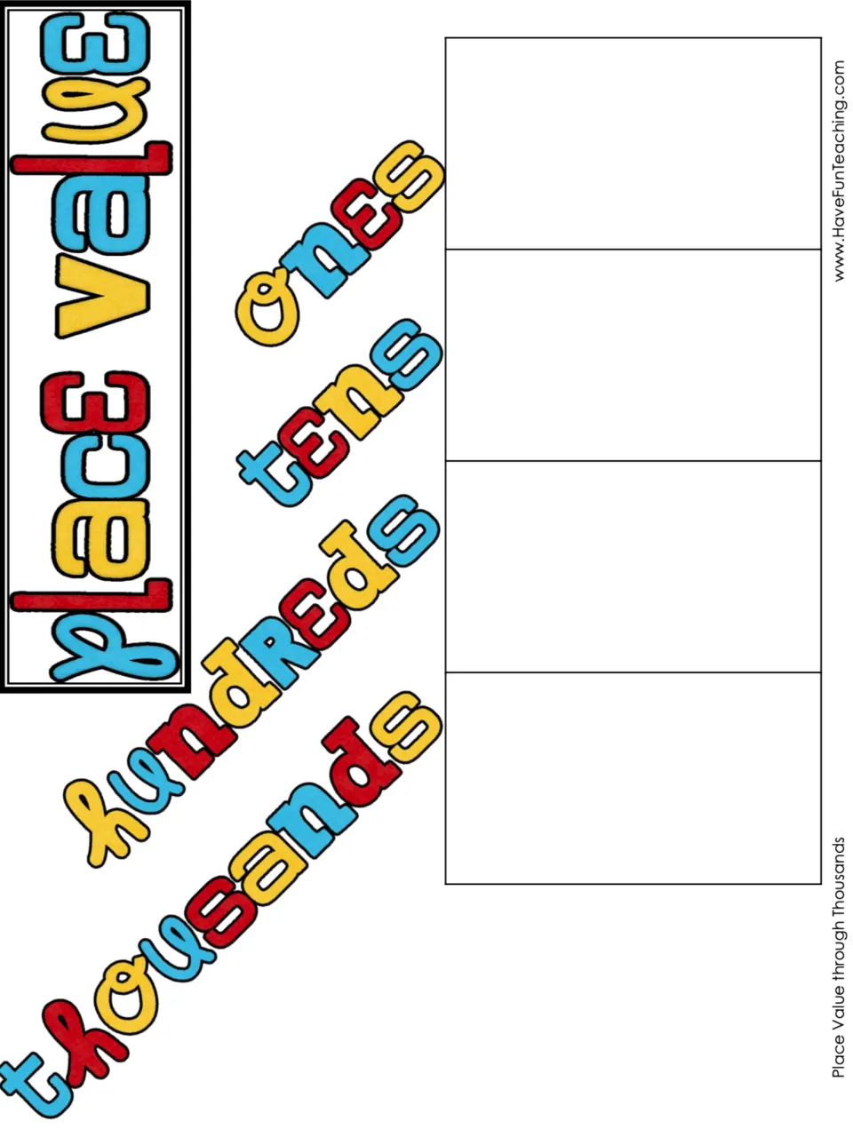 Color place value work mat labeled thousands, hundreds, tens, and ones, without a comma for the number
