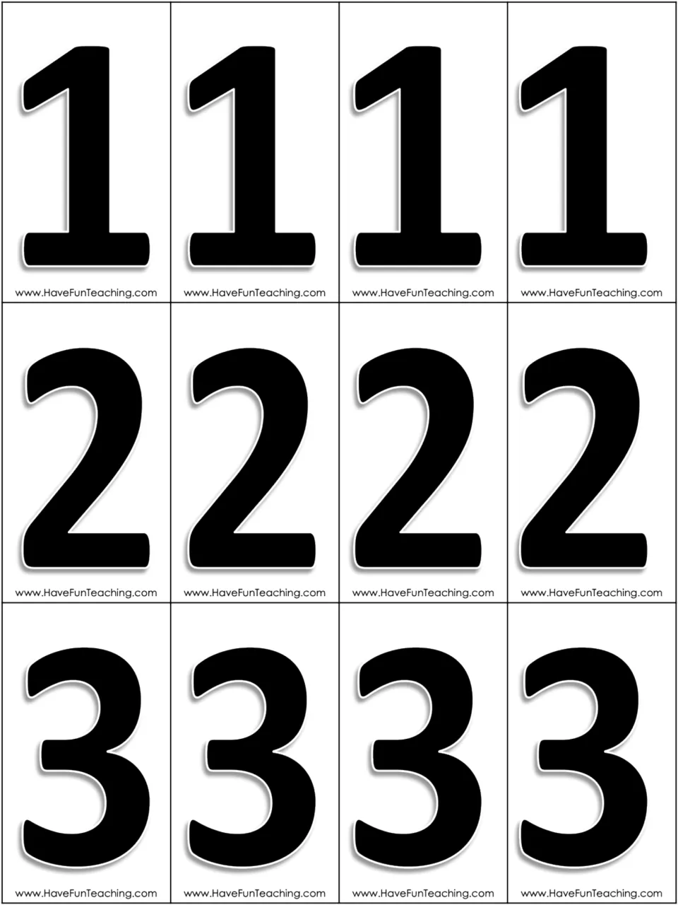 Number cards for building four-digit numbers: four copies each of 1, 2, and 3, printed in black
