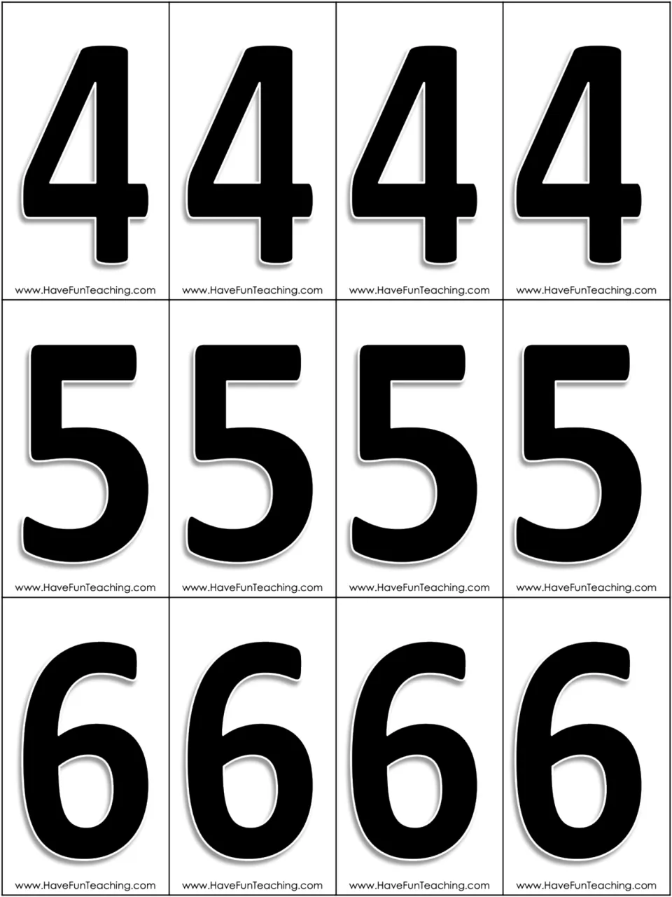 Number cards for the place value work mats: four copies each of 4, 5, and 6, with all digits in black
