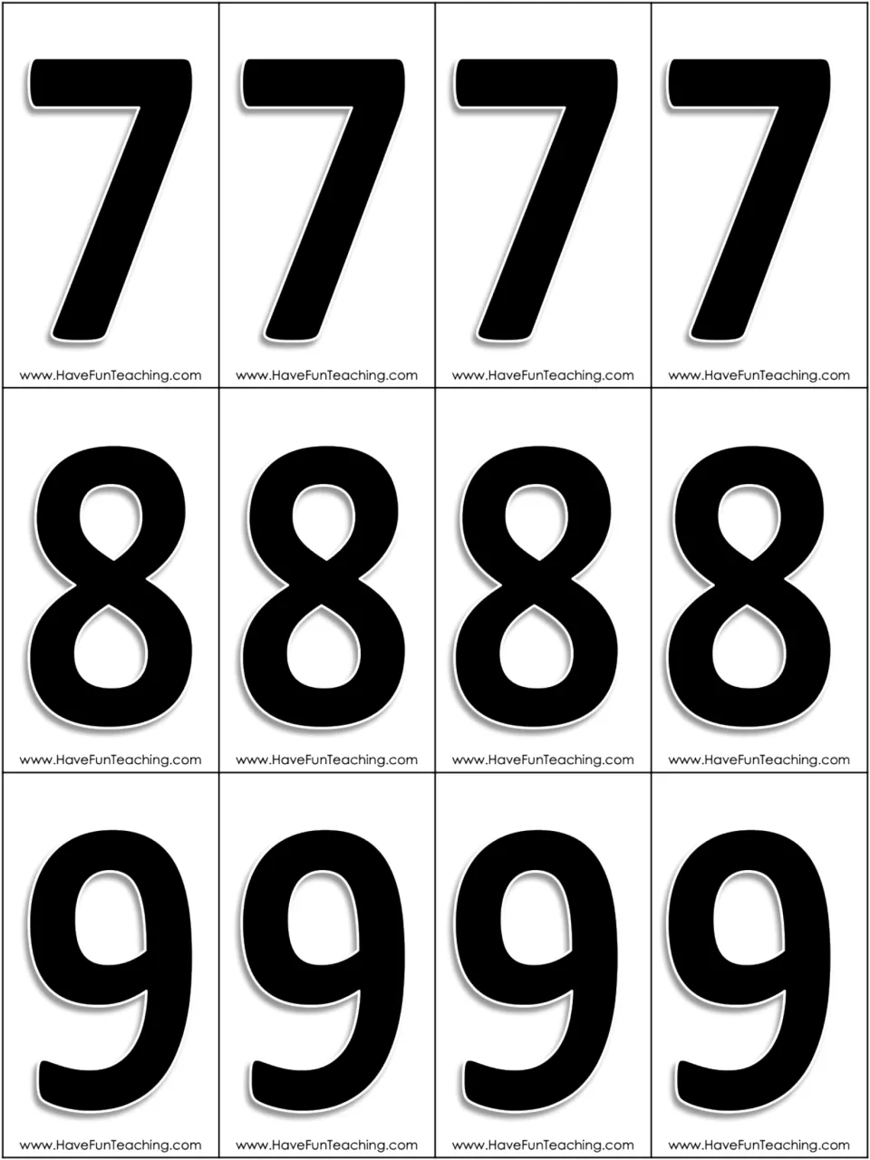 Number cards for the four-digit place value activity: four copies each of 7, 8, and 9, printed in black