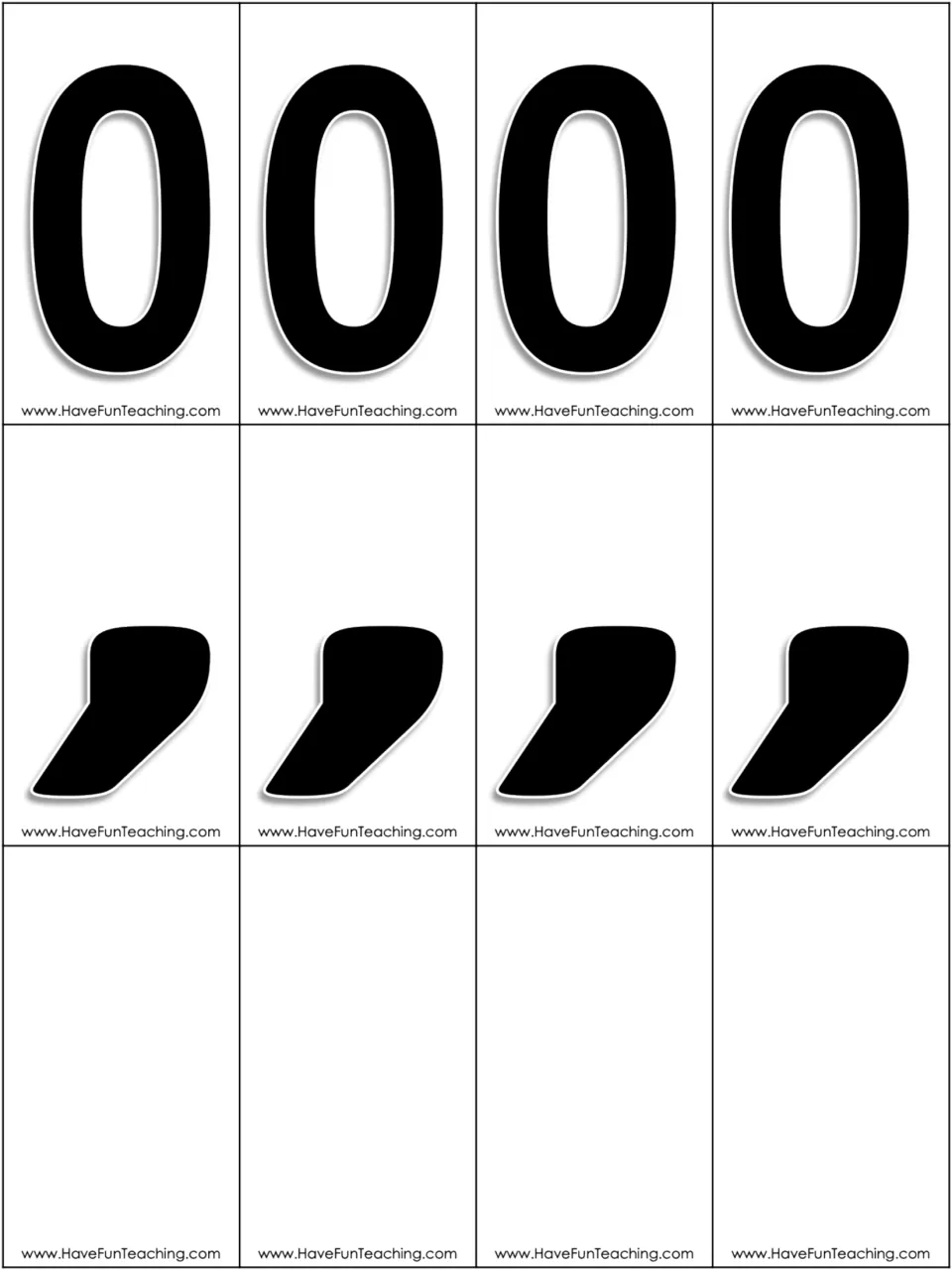 Place value activity cards: four black zeros, four black commas, and four blank cards for the set