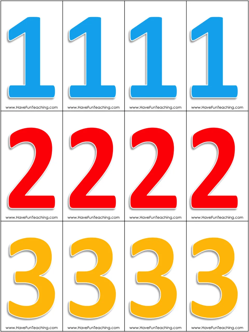 Color number cards for building four-digit numbers: four copies each of blue 1, red 2, and yellow 3