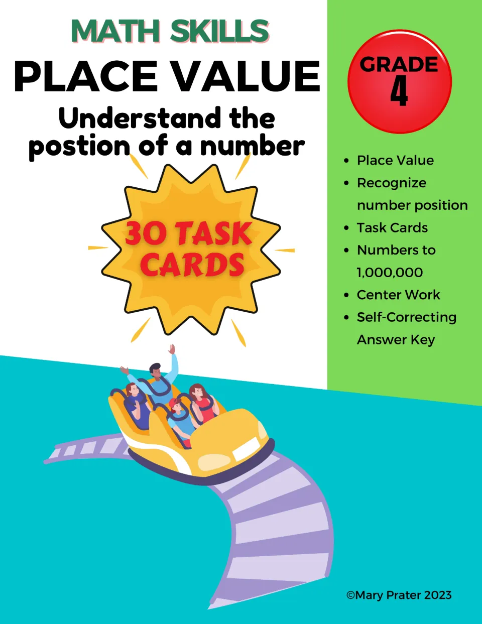 Place Value Task Cards cover: 30 cards for Grade 4 on number position, with a self-correcting answer key