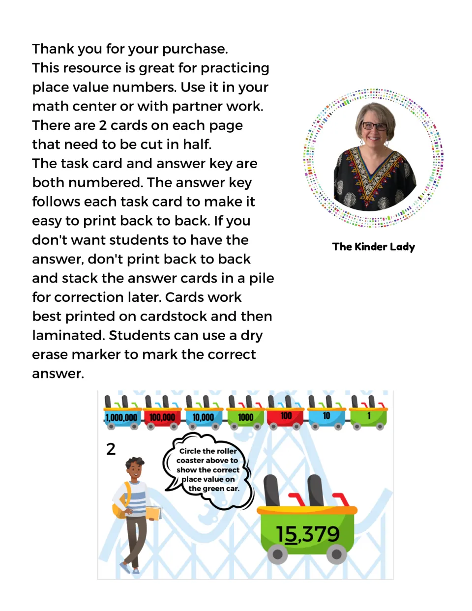 Task card instructions explain cutting, back-to-back answer printing, laminating, and dry erase marker use